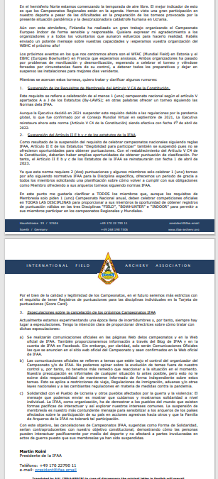 Carta del Presidente de IFAA a las Asociaciones Miembro y a los Arqueros IFAA.